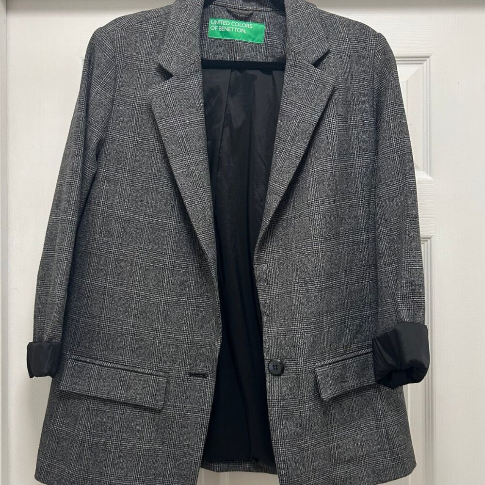 United Colors of Benetton Gray Plaid Blazer One Button Tailored Jacket
